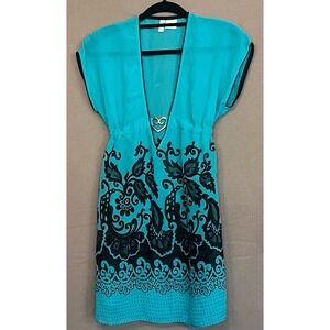 Becca by Rebecca Virtue Cover Up Dress Turquoise Black Metal Heart Floral XS - S
